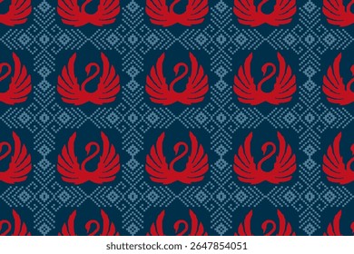 Padrão têxtil tradicional sem emenda com motivos de cisne vermelho e fundo geométrico pixel azul - Projeto de bordado de arte popular étnica para tecido, artesanato, papel de parede, tapeçaria e tema cultural decorativo