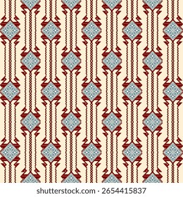 Seamless Traditional Textile Pattern with Red and Blue Diamond Motifs on Cream Background – Ethnic Geometric Design for Fabric, Cultural Decoration, and Vintage Inspired Craft Projects