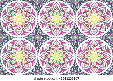 Seamless traditional Thai art 8 petal flower in circle pattern damask style motifs suitable wrapping cover print for wallpaper, curtain, carpet, clothing, tile and fabric design isolated illustration.