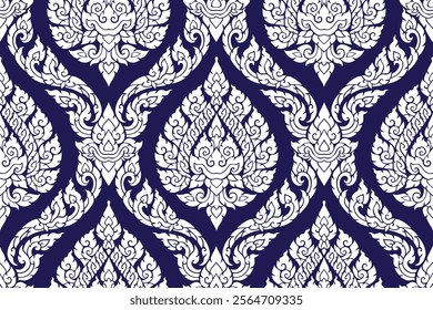 Seamless traditional Thai art delicate floral pattern in damask indigo colored motif suitable for wallpaper, curtain, clothing, blanket, textile, tile and fabric design isolated illustration vector.