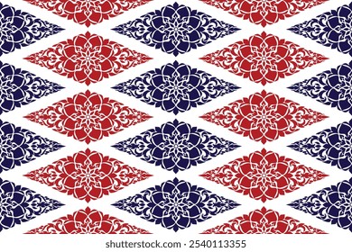 Seamless traditional Thai art diamond blue and red colored floral diamond shape floral pattern in damask style motifs suitable for wallpaper, curtain, cloth, textile, tile and fabric design isolated.