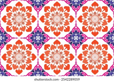 Seamless traditional Thai art floral hexagon pattern in damask style motifs suitable for wallpaper, curtain, clothing, tiles and fabric design isolated wrapping cover print uses home decoration.