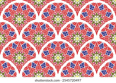 Seamless traditional Thai art floral fan shape pattern in damask style motifs suitable wrapping cover print for wallpaper, curtain, cloth, tiles and fabric design isolated illustration EPS file.