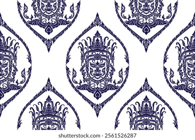 Seamless traditional Thai art floral face imagery pattern in damask style motifs suitable for wallpaper, curtain, blanket, cloth, tiles and fabric design isolated illustration vector archive EPS file.