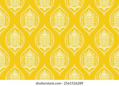 Seamless traditional Thai art floral face imagery pattern in damask style motifs suitable for wallpaper, curtain, blanket, cloth, tiles and fabric design isolated illustration vector archive EPS file.