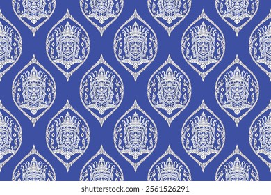 Seamless traditional Thai art floral face imagery pattern in damask style motifs suitable for wallpaper, curtain, blanket, cloth, tiles and fabric design isolated illustration vector archive EPS file.