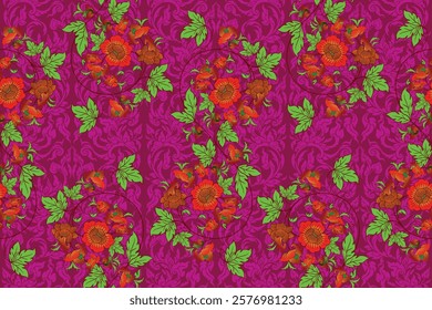 Seamless traditional Thai art floral pattern in damask style motifs suitable for wallpaper, curtain, clothing, blanket, textile, tile and fabric design isolated illustration vector archive EPS files.