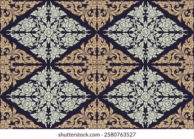 Seamless traditional Thai art floral arabesque pattern in damask style motifs suitable for wallpaper, curtain, clothing, textile, tile, blanket and fabric design isolated illustration vector.