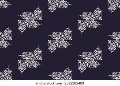 Seamless traditional Thai art floral pattern in damask style white colored motif suitable for wallpaper, curtain, clothing, textile, blanket, tile and fabric design isolated over blue background.