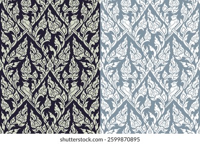 Seamless traditional Thai art floral arabesque pattern in damask style motifs suitable for wallpaper, cloth, curtain, blanket, textile, tile and fabric design isolated illustration vector EPS file.
