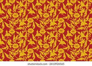 Seamless traditional Thai art floral pattern in damask style motifs suitable for wallpaper, clothing, curtain, textile, tile, blanket and fabric design isolated illustration vector EPS file.