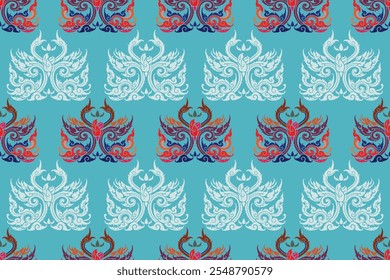 Seamless traditional Thai art ideal twin swan floral pattern in damask style motifs suitable wrapping cover print for wallpaper, cloth, blanket, curtain, textile, tiles and fabric design isolated.