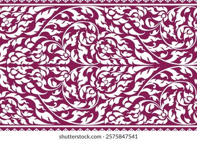Seamless traditional Thai art indigo colored floral pattern in damask style motifs suitable for wallpaper, curtain, clothing, textiles, tiles, blanket and fabric design isolated illustration vector.