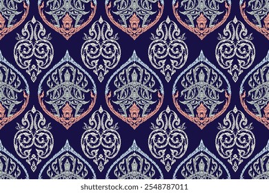 Seamless traditional Thai art light green and light red colored floral pattern in damask style motifs suitable for wallpaper, blanket, cloth, tile and fabric design isolated over navy background.