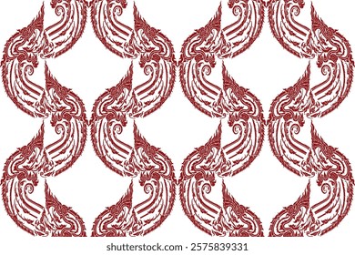 Seamless traditional Thai art Naga king delicate imagery pattern in damask style motifs suitable for wallpaper, curtain, clothing, textiles, tile, blanket and fabric design isolated illustration.