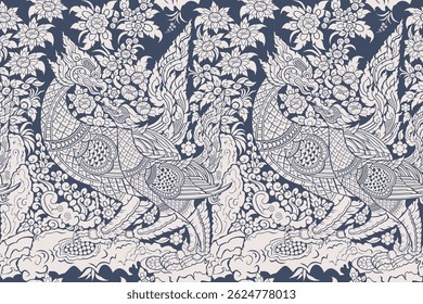 Seamless traditional Thai art pattern in  damask style motifs suitable for wallpaper, clothing, curtain, textile, tile and fabric design isolated illustration vector archive EPS file.