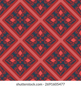 Patrón de arte tailandés tradicional sin fisuras dispuesto en un diseño de cuadrícula de diamante. Presenta tonos ricos y contrastantes de rojo oscuro y azul marino verde azulado. Fondo de Vector ideal para el texto