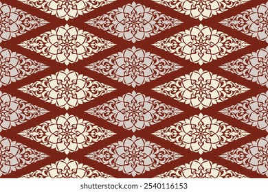 Seamless traditional Thai art pink and green colored diamond shape floral pattern in damask style motifs suitable for wallpaper, curtain, cloth, tiles and fabric design isolated brown background.