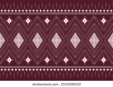 Seamless Traditional Thai Fabric Pattern, Geometric Ethnic Border Design, Burgundy and Pink Diamond Pattern, Paisley Flower Textile Motif