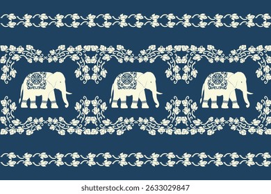 Seamless traditional Thai pattern featuring decorative white elephants and floral motifs on a dark blue background. The design blends cultural elegance with vintage charm, ideal for textile prints, wa
