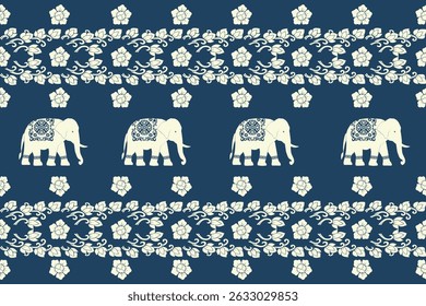 Seamless traditional Thai pattern featuring decorative white elephants and floral motifs on a dark blue background. The design blends cultural elegance with vintage charm, ideal for textile prints, wa