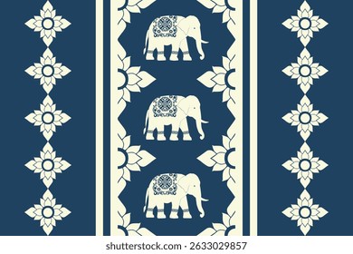 Seamless traditional Thai pattern featuring decorative white elephants and floral motifs on a dark blue background. The design blends cultural elegance with vintage charm, ideal for textile prints, wa