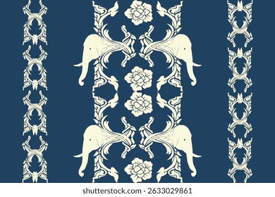 Seamless traditional Thai pattern featuring decorative white elephants and floral motifs on a dark blue background. The design blends cultural elegance with vintage charm, ideal for textile prints, wa