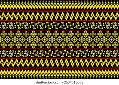 Patrón de textil tailandés tradicional sin costuras con motivos florales y geométricos en amarillo, rojo y negro. Inspirado en el arte clásico tailandés y los diseños de telas culturales. Conveniente para los fondos, empaquetado