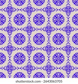 A seamless traditional Thai-inspired geometric floral pattern in bold indigo blue on a soft beige background. Perfect for textile design, gift wrapping, wallpapers, and elegant packaging.