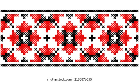 Seamless traditional Ukraine pattern Slavic ornament embroidered cross-stitch. Red black and white.