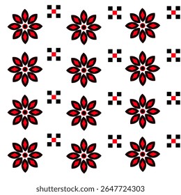A seamless traditional Ukrainian embroidery pattern featuring ornamental ethnic motifs in red and black colors. Perfect for textile design, folk art projects, clothing prints, cultural decorations