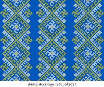 Seamless traditional Ukrainian embroidery pattern with blue and yellow swarga (swastika) solar symbols, ethnic geometric ornament, vector folk textile design background