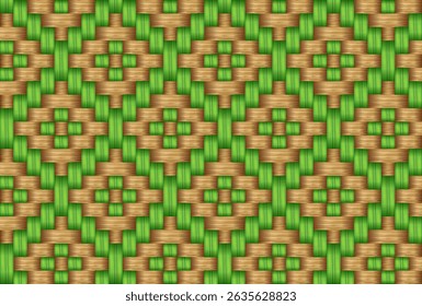  Seamless traditional woven bamboo pattern green palm leaf and brown bamboo