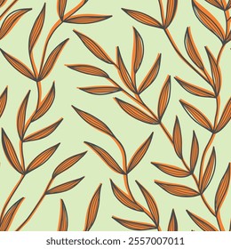 Seamless trailing pattern with branches and leaves. Hand drawn trailing pattern with stripy leaves for interior design, textiles, wallpapers and backgrounds