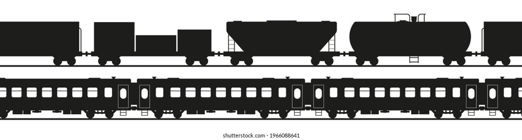 Seamless train silhouettes. Freight and passenger train. Flatcar, tank car and others. Flat style vector illustration isolated on white background.