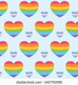 Seamless Transgender And Rainbow Flag Colored Hearts Light Blue Background Vector Pattern