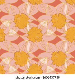 Seamless transparent daffodils pattern on pink background