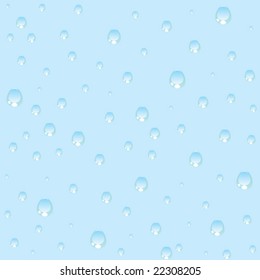 Seamless transparent water drops on light blue background.
