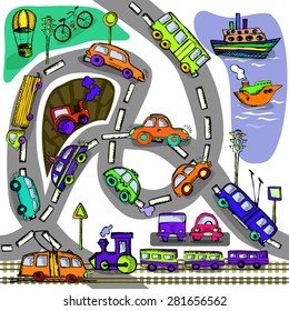 Seamless transport a child's drawing. Vector