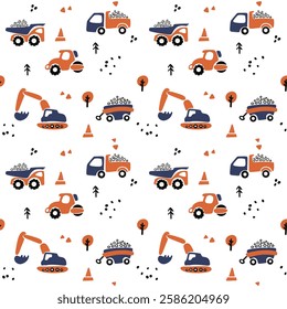 Seamless transport pattern with construction machines for kids. Textile, fabric design.