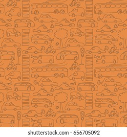 Seamless transport pattern with drawn means of transportation isolated and in linear style vector illustration