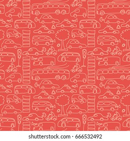 Seamless transport pattern with isolated light yellow cars and different transport on red fond vector illustration