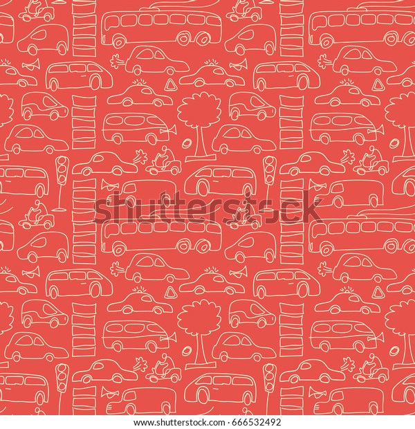 Seamless\
transport pattern with isolated light yellow cars and different\
transport on red fond vector\
illustration