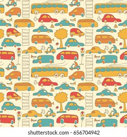 Seamless transport pattern with many colored cartoon style doodle cars on light background vector illustration