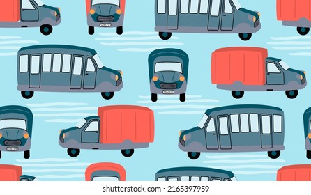Patrón de transporte sin problemas con camioneta y autobús en estilo de dibujos animados.Fondo colorido y textura para imprimir en tela y papel.Ilustración dibujada a mano vectora para tarjetas de diseño, portada, textiles para niños.