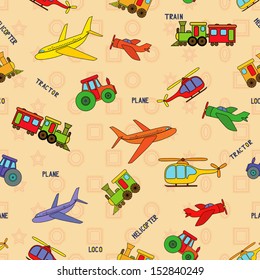 Seamless transport technique pattern with locomotive, airliner, airplane, helicopter, train, tractor and their titles. Background can be used as a separate seamless pattern