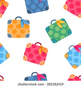 Seamless travel background with colorful patterned suitcases with scarfs