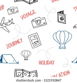 Seamless travel background pattern white isolated. Simple repetitive pattern for notebook, journal, website background etc. Red and Blue  linear  line icon pattern .