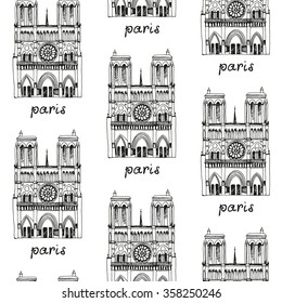 Seamless travel background, vector pattern with hand drawn facade of Notre Dame de Paris Cathedral, France