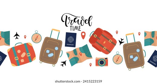 Seamless Travel banner with Travel Time lettering. Suitcases, passport, map, camera, compass for travel and business trips isolated on white. Flat vector illustration. Time to travel seamless pattern